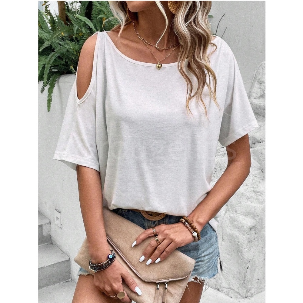 Asymmetric Boat Neck Batwing Cut Out Short Sleeve White Tee Shirt - Picture 6 of 7